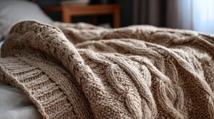Cozy knitted wool blanket with chunky cable pattern in warm beige tones