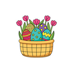 Round Basket Outline Vector with Flowers Colorful Springtime Drawing for Decoration, Gardens, and Florists