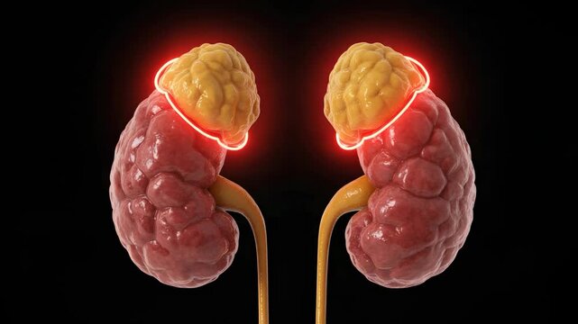 Medical illustration of kidneys with red highlight on black background for healthcare content in multiple languages