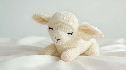 A cream-colored knitted lamb plush sits peacefully on silky white linens. This cozy toy radiates warmth and comfort, perfect for baby nurseries, gifting, or as a cuddly children's companion.
