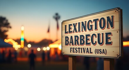 Fototapeta premium Lively evening scene at an American barbecue festival, with a welcoming event sign illuminated by soft lights and blurred crowds in the background