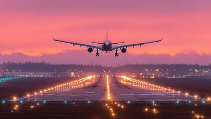 A large passenger jet descends gracefully onto the runway during a breathtaking twilight landing.