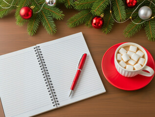 Cozy winter scene with a notebook, hot chocolate with marshmallows, and festive Christmas decor. The perfect backdrop for summing up and setting New Year's goals.