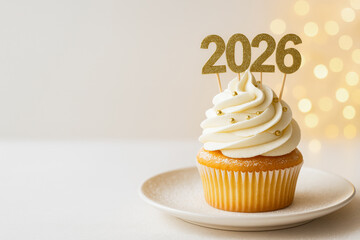 A festive New Year's cupcake with the numbers 2026, decorated with gold confectionery balls, on a light background with bokeh and copy space.