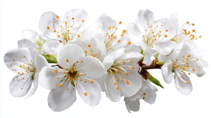 A branch of cherry blossoms showcases several white flowers with bright yellow stamens. The scene captures the beauty of spring with blooming petals symbolizing renewal and beauty.