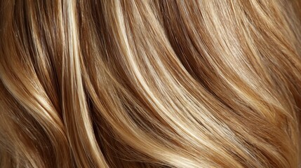 Fototapeta premium Soft wavy blonde hair cascades smoothly in gentle layers illuminated by warm light. The highlights enhance the natural beauty and texture of the hair creating a radiant look.