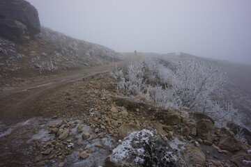 Snowy Mountains of Azerbaijan with Morning Fog
