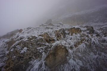 Snowy Mountains of Azerbaijan with Morning Fog