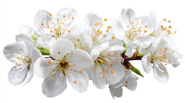 A branch of cherry blossoms showcases several white flowers with bright yellow stamens. The scene captures the beauty of spring with blooming petals symbolizing renewal and beauty.