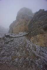 Snowy Mountains of Azerbaijan with Morning Fog