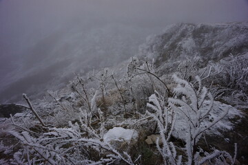 Snowy Mountains of Azerbaijan with Morning Fog