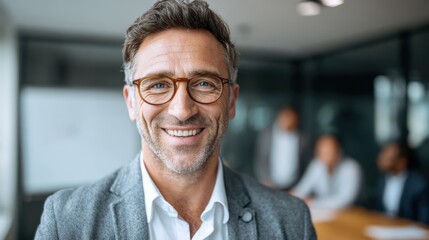 Fototapeta premium A confident man with glasses smiles in a contemporary office setting. Behind him colleagues engage in a discussion reflecting teamwork and collaboration in a professional atmosphere.