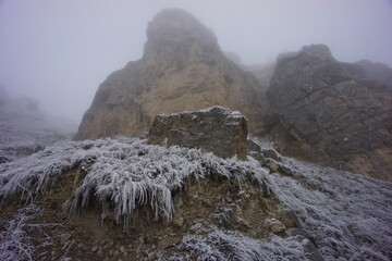 Snowy Mountains of Azerbaijan with Morning Fog