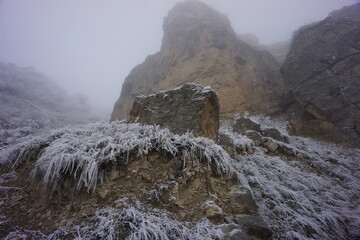 Snowy Mountains of Azerbaijan with Morning Fog