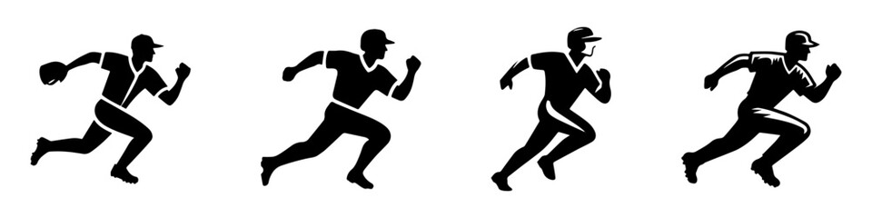 Obraz premium Modern Minimalist Men Running Base Icon, Flat Silhouette of a Baseball Action Vector for Athletic Illustration Design
