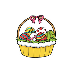 Easter Basket with Eggs, Bunny Ears, and Flowers Festive Cartoon Outline Vector Illustration for Spring Flyers