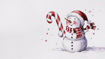 Whimsical snowman stands in a snowy scene, smiling with rosy cheeks, holding a striped candy cane. Red scarf and hat add festive charm, evoking warm holiday memories and family joy.