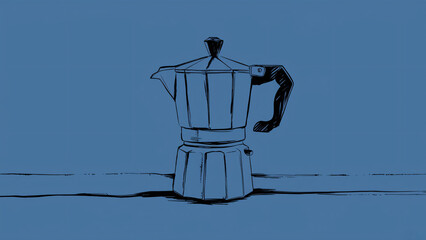 A hand-drawn moka pot sits on a calm blue surface in a minimalist sketch, evoking morning rituals, coffee aroma, and cozy home vibes. Ideal for coffee, kitchen, and lifestyle visuals.