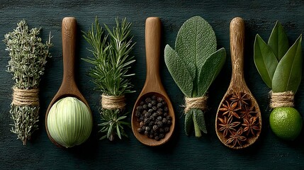 Assortment of fresh herbs and spices in wooden spoons