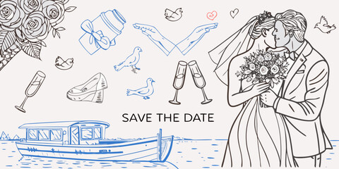 Save the date wedding celebration elements with bride and groom kissing and nautical theme