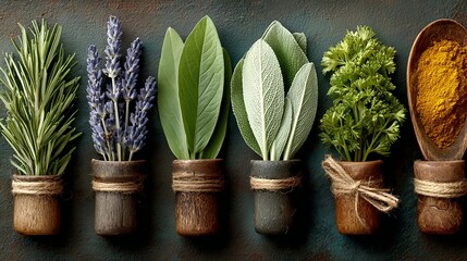 Colorful assortment of spices and herbs in wooden containers