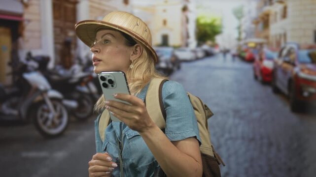Woman holds smartphone on bustling cobblestone street with parked scooters and cars and pith helmet and backpack visible; adventure.