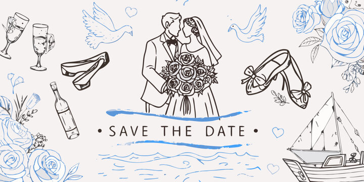Charming wedding illustration with bride and groom kissing surrounded by romantic elements and save the date text