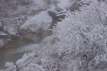 Snowy Mountains of Azerbaijan with Morning Fog