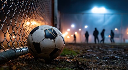 Un ballon de football sur le sol, contre une clôture métallique, la nuit, avec en arrière-plan, des silhouettes de joueurs s'entrainant.