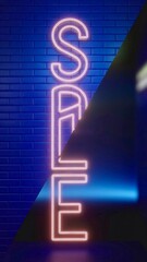 A vibrant neon sign spelling SALE in bright pink outlines, mounted on a deep blue brick wall. A bold urban nightlife vibe enhanced by a diagonal shadow and soft blue glow.