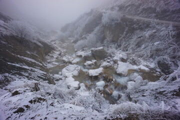 Snowy Mountains of Azerbaijan with Morning Fog