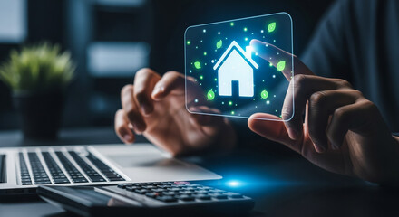 Person interacting with a digital house icon, representing eco-friendly home technology.