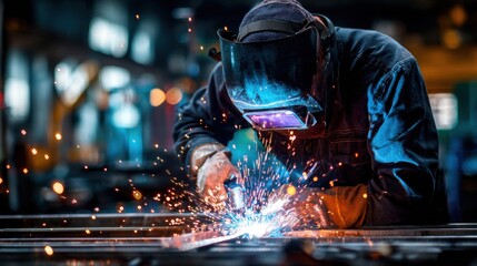 A skilled worker in protective gear performs welding in a busy workshop. Bright sparks illuminate the area showcasing the craftsmanship and attention to detail required for metalwork.