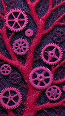 Creative blend of gears and stylized tree design in vibrant pink against a dark background