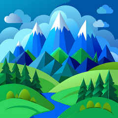 Creative Paper Art Depicting Blue Mountains and Lush Green Hills, Ai Generated