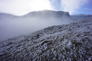 Snowy Mountains of Azerbaijan with Morning Fog
