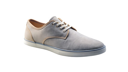 A single casual mens shoe, a light grey lowtop sneaker with tan accents and white laces, isolated on a transparent background