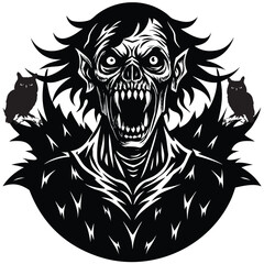 Fototapeta premium Black vector art illustration of a powerful tribal winged skull mascot with a lion and tiger feline face silhouette