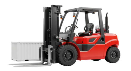 Modern vibrant red industrial forklift with matte black chassis, steel forks, and a sleek white logistics container, perfectly isolated against a seamless transparent studio background, professional