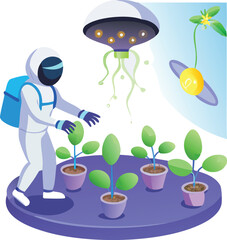 Vector futuristic robotic bees pollinating flowers in space greenhouse