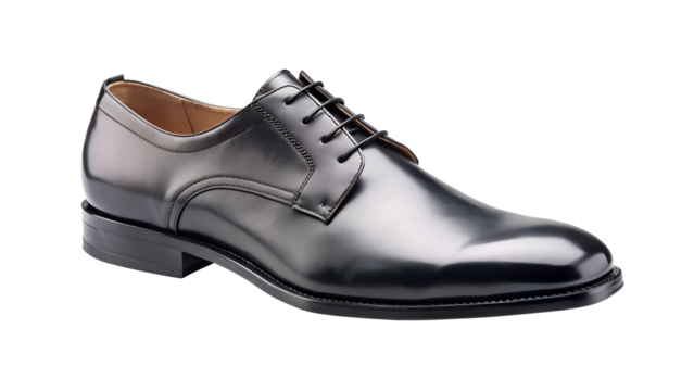 A single black leather oxford dress shoe with black laces, isolated on a transparent background
