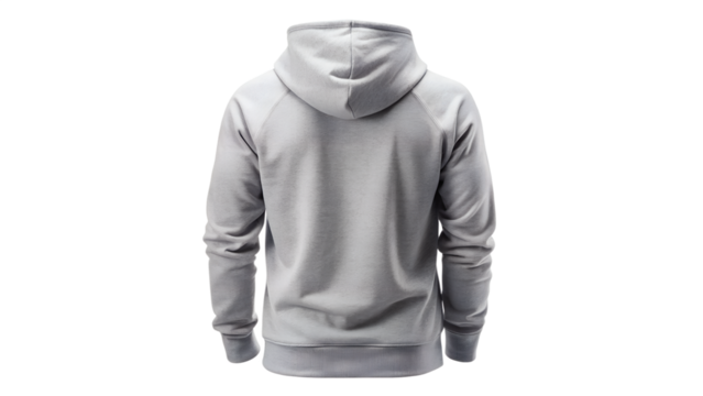 A grey hooded sweatshirt viewed from the back isolated on transparent background