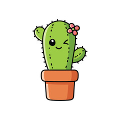 Potted Cactus with Flower Outline Vector Illustration Simple Cartoon Drawing for Plant, Desert, and Home Decor