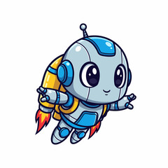 Cartoon Robot Soaring with Rocket Boosters and a Cheerful Expression.