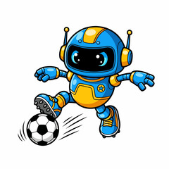 Cartoon Robot Soccer Player Kicking a Ball with Energetic Motion Lines.