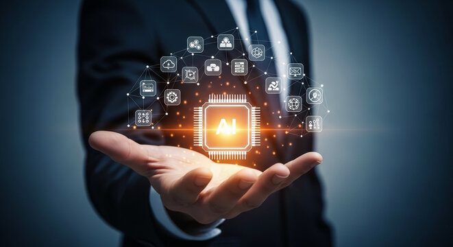 Businessman holding a glowing artificial intelligence chip with various digital icons floating above, representing technology and innovation.