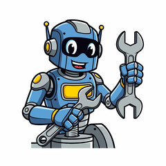 Cheerful Blue Cartoon Robot Holding Two Wrenches Ready to Repair.