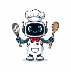 Cheerful Cartoon Robot Chef with Whisk and Spoon Wearing Chef Hat and Apron.