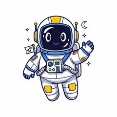 Cheerful Cartoon Astronaut Waving with Rocket Flag and Moon Stars.