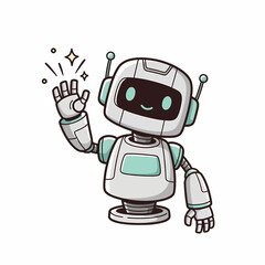 Cheerful Cartoon Robot Waving with Antennae and Smiling Screen Face.